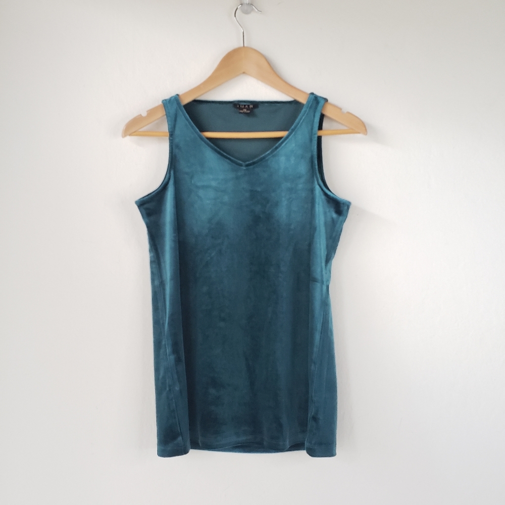90s Velvet Tank XS V-Neck Teal Green Iman